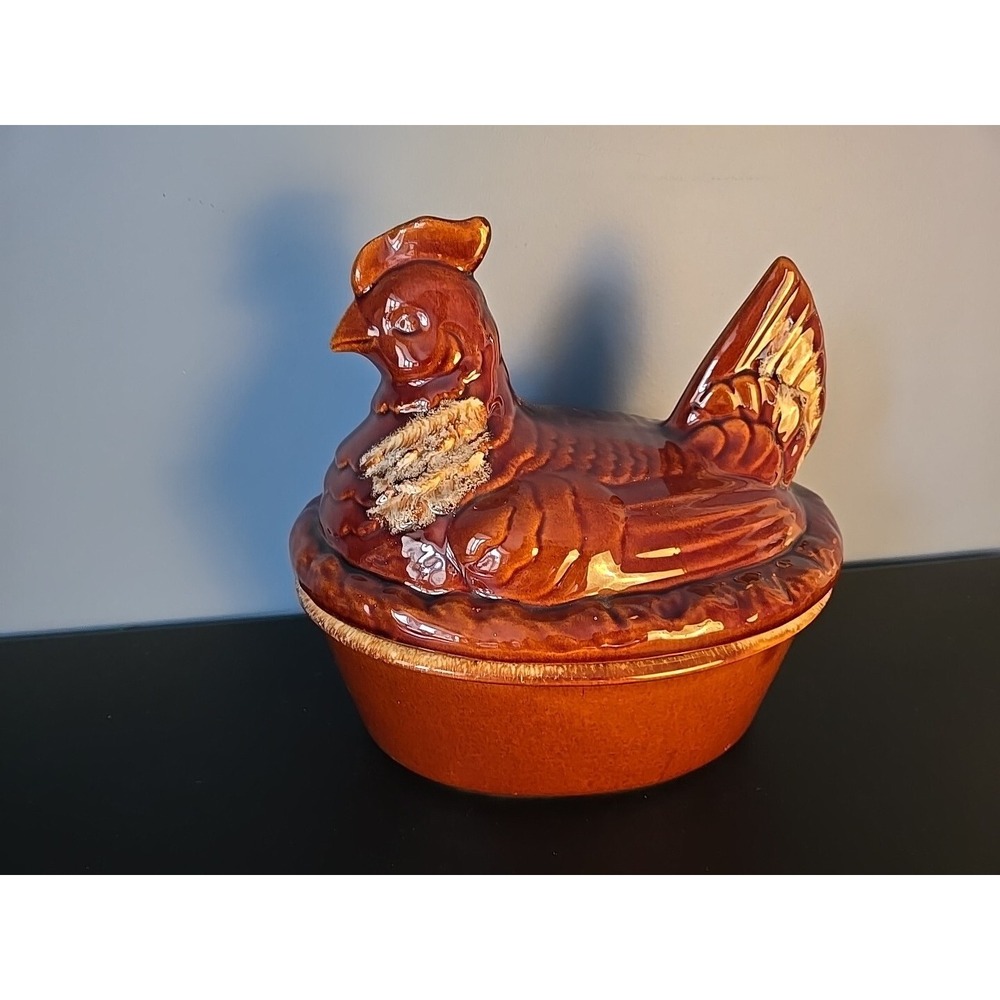 Hull‎ Pottery Oven Proof Brown Drip Hen Chicken Nest Casserole Terine 10" Vtg